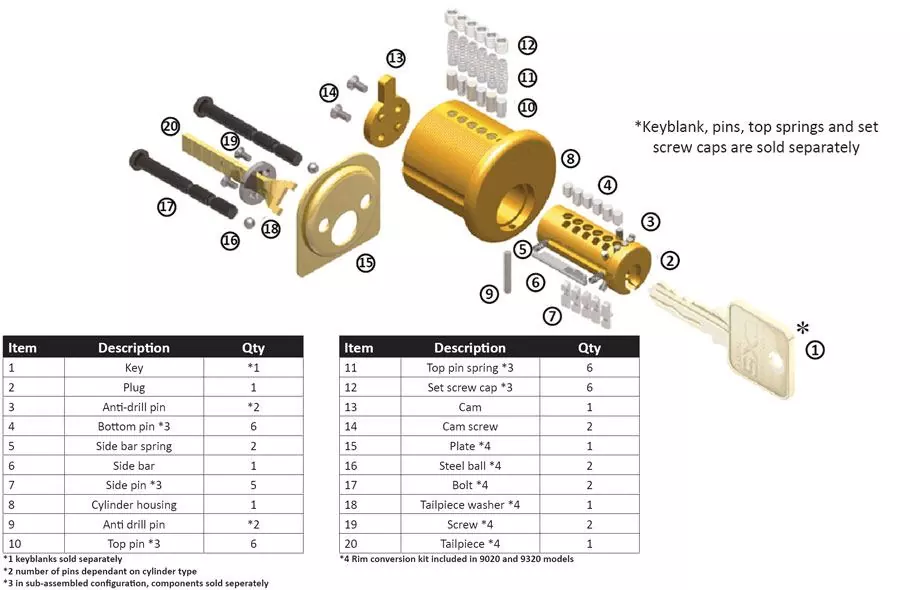 Mortise / Rim Combo Cylinder exploded view diagram